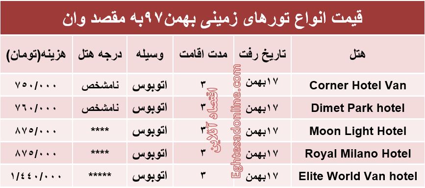 تور زمینی وان چقدر هزینه دارد؟