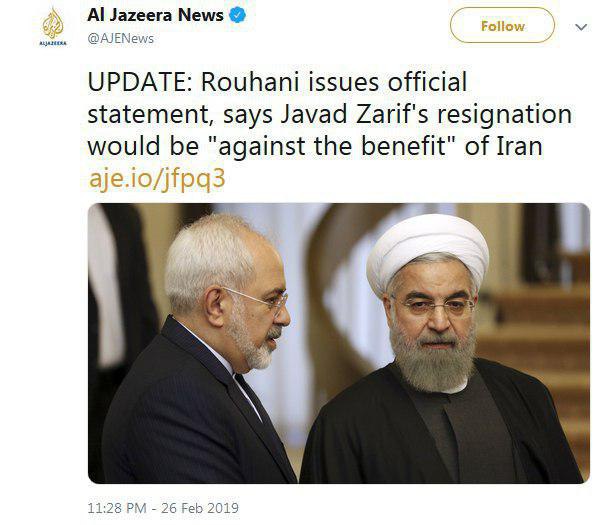 مخالفت با استعفای ظریف یکی از اخبار مهم رسانه‌های دنیا
