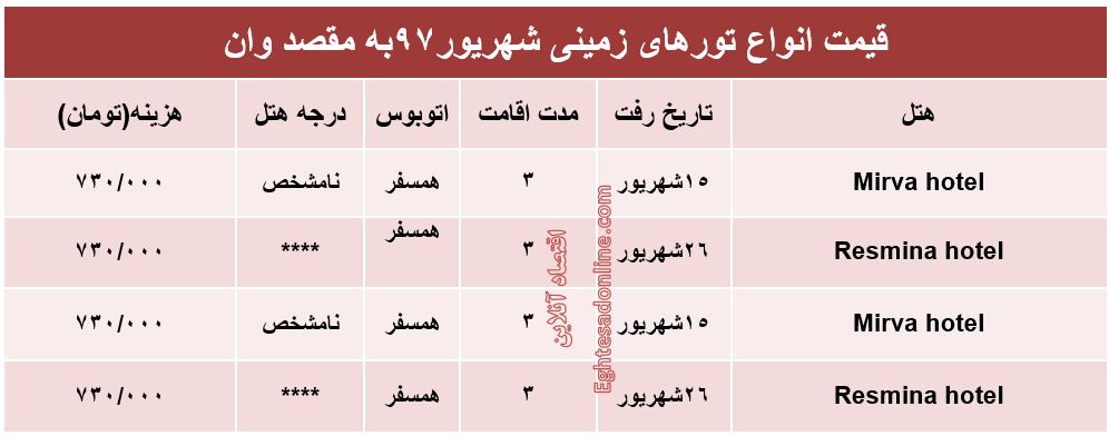 هزینه سفر زمینی به وان در شهریورماه۹۷ +جدول