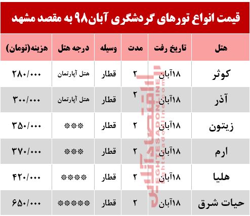 تور ریلی مشهد چند؟ تور ریلی مشهد چند؟