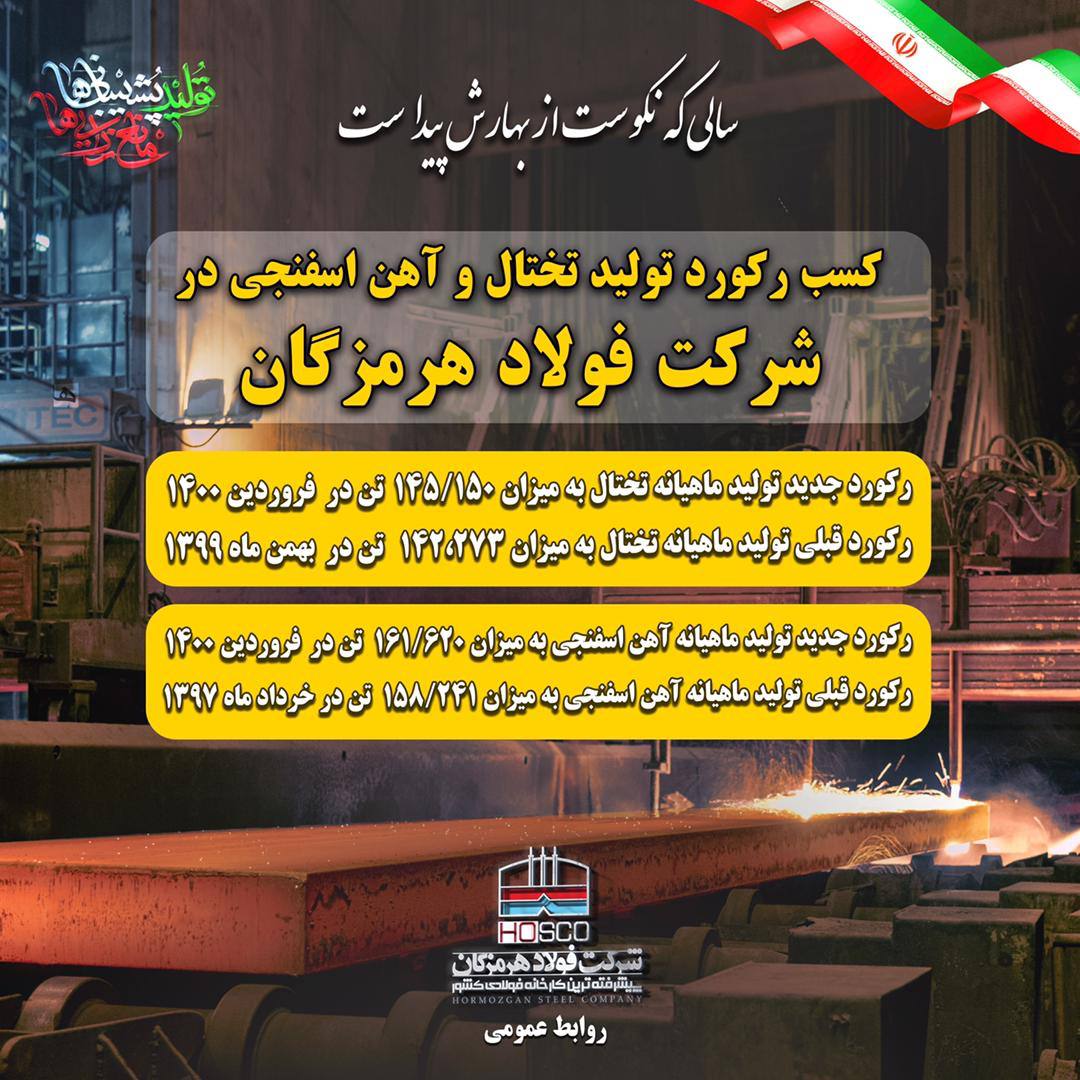 ثبت ۷ رکورد جدید در فولاد هرمزگان/ تختال و آهن اسفنجی در صدر جدول رکوردها ثبت ۷ رکورد جدید در فولاد هرمزگان/ تختال و آهن اسفنجی در صدر جدول رکوردها