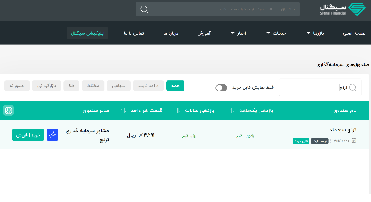امکان سرمایه گذاری در صندوق ترنج سودمند از طریق اپ سیگنال فراهم شد امکان سرمایه گذاری در صندوق ترنج سودمند از طریق اپ سیگنال فراهم شد