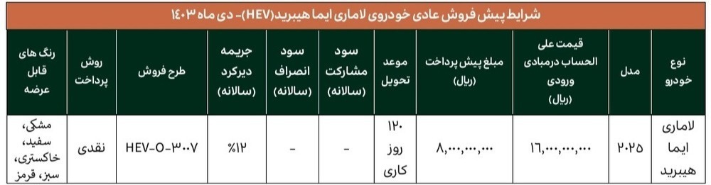 شرایط ثبت نام متقاضیان رزرو لاماری ایما هیبرید در دی ماه ۱۴۰۳