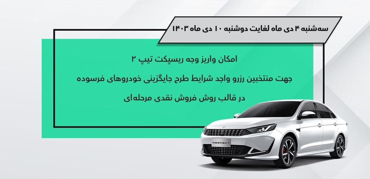آغاز تکمیل وجه دو مرحلهای ریسپکت ۲ در طرح جایگزینی خودروهای فرسوده آغاز تکمیل وجه دو مرحلهای ریسپکت ۲ در طرح جایگزینی خودروهای فرسوده