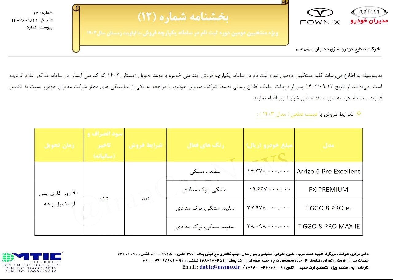 ثبت نام مدیران خودرو ویژه آذر ۱۴۰۳ آغاز شد / فروش ۴ خودرو به قیمت کارخانه + تحویل ۹۰ روزه