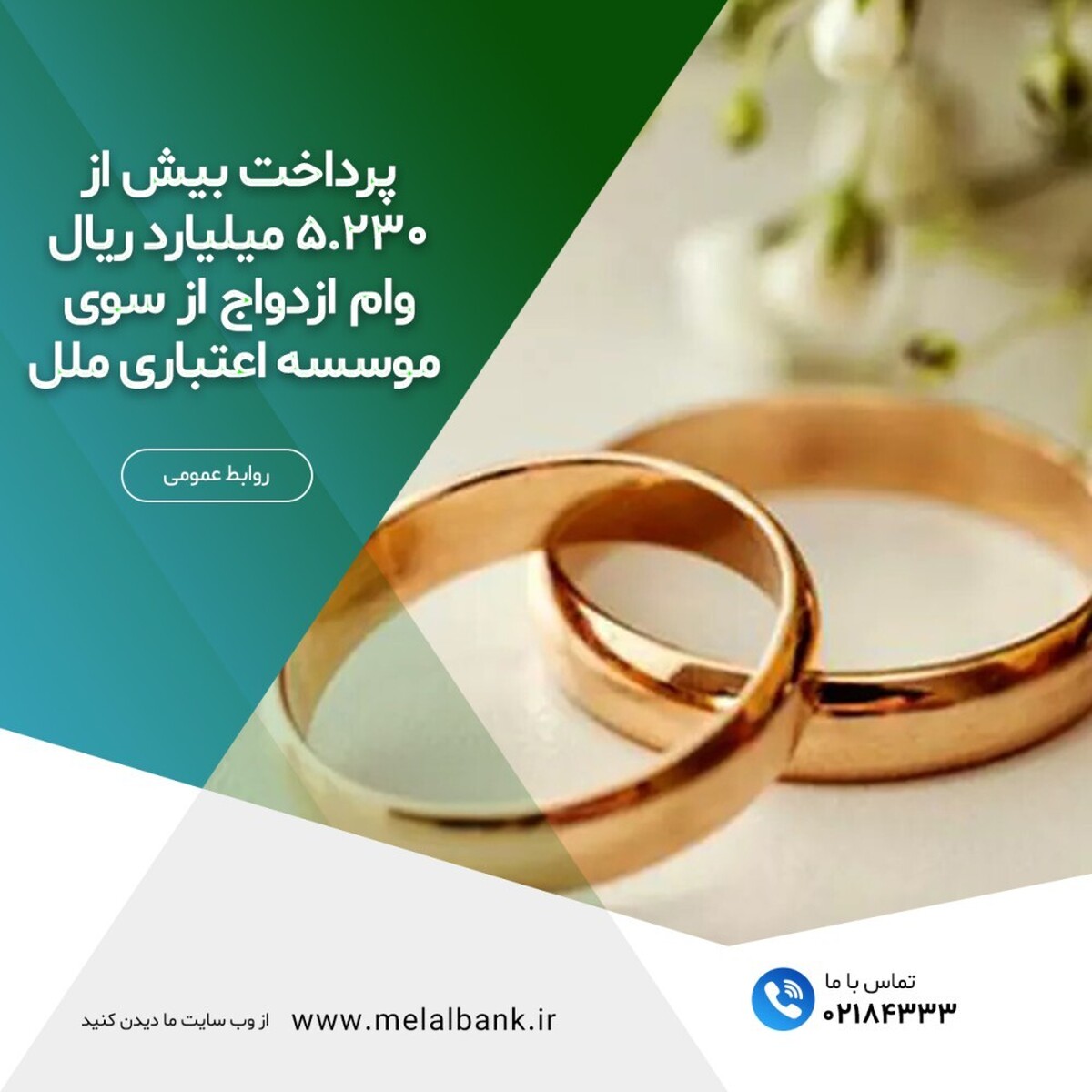 پرداخت بیش از ۵,۲۳۰ میلیارد ریال وام ازدواج از سوی موسسه اعتباری ملل پرداخت بیش از ۵,۲۳۰ میلیارد ریال وام ازدواج از سوی موسسه اعتباری ملل