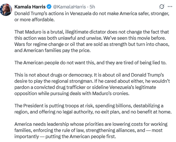 کامالا هریس: آمریکا به دنبال نفت ونزوئلاست / مواد مخدر، بهانه ترامپ است! کامالا هریس: آمریکا به دنبال نفت ونزوئلاست / مواد مخدر، بهانه ترامپ است!