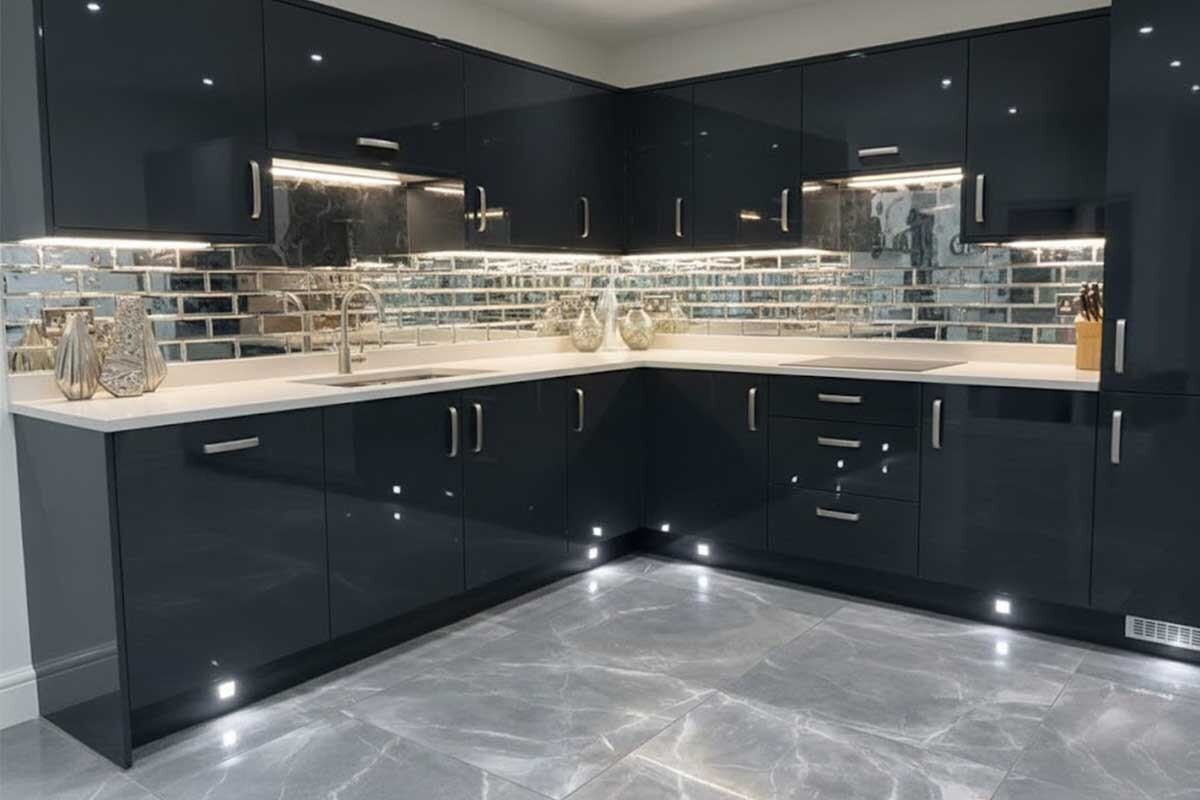 کابینت هایگلاس مشکی با دستگیره استیل کابینت هایگلاس مشکی با دستگیره استیل