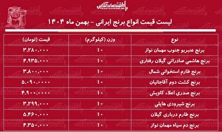 لیست قیمت انواع برنج ایرانی ۱۳ بهمن ۱۴۰۴ / کیسه ۱۰ کیلویی برنج هاشمی، دم سیاه، طارم، صدری و...چند شد؟ + جدول