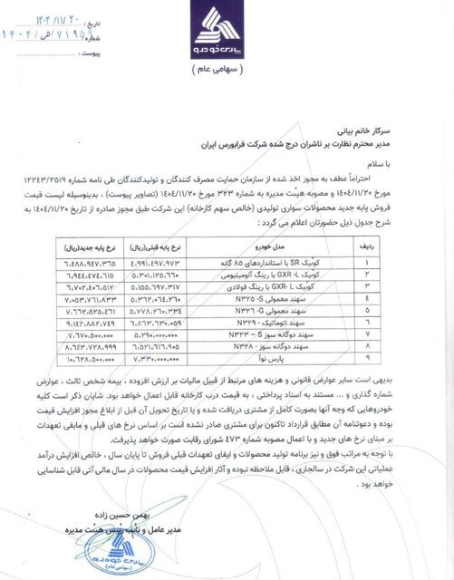 این خودروها رسما گران شدند / سایپا و پارس خودرو قیمت‌های جدید را اعلام کردند