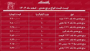 قیمت جدید انواع برنج هندی ۱ اسفند ۱۴۰۴ / کیسه ۱۰ کیلویی برنج هندی مژده، طبیعت، هایلی، خاطره و...را چند بخریم؟ + جدول