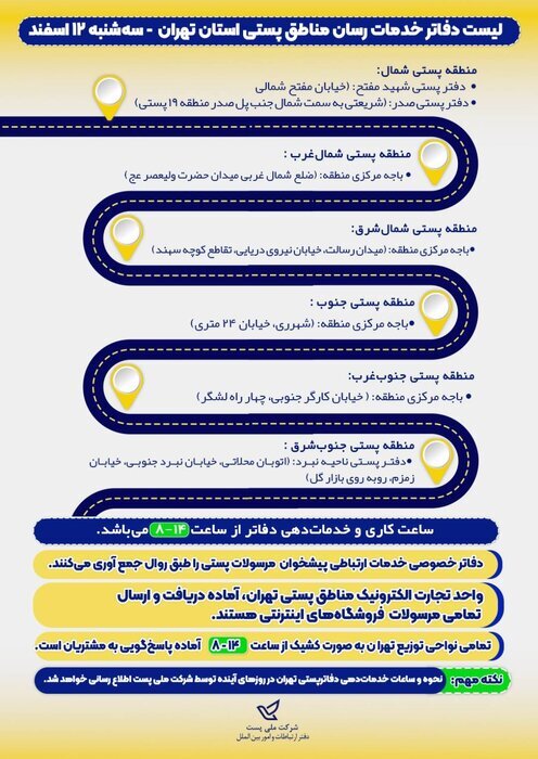 پست تهران در حالت آماده‌باش/ لیست دفاتر فعال برای خدمات‌رسانی اعلام شد