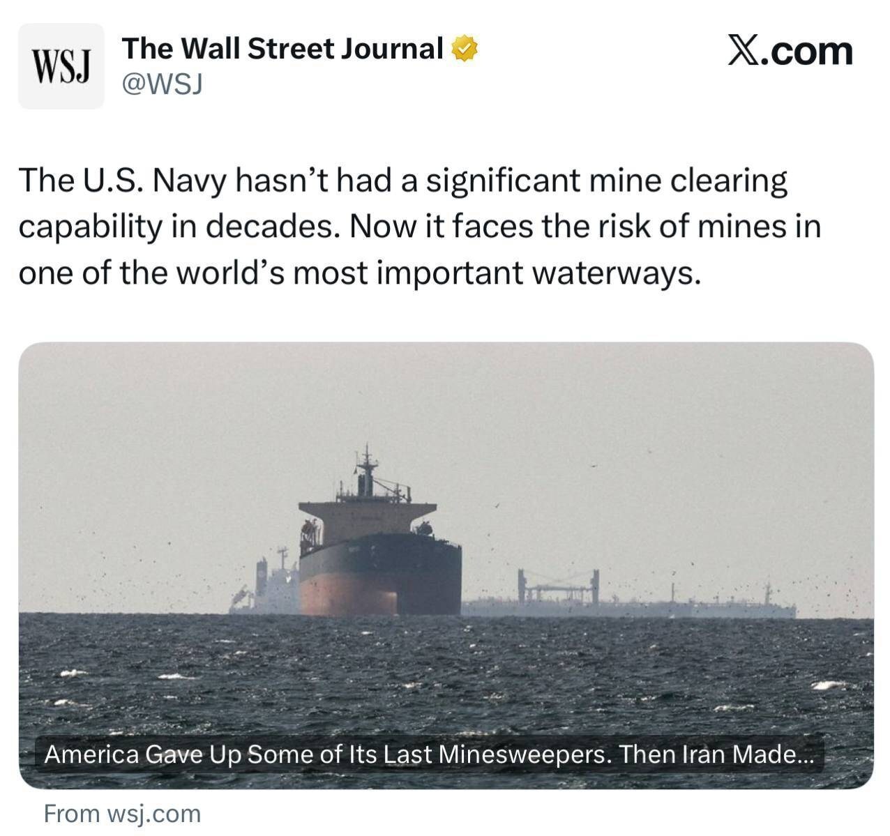 وال‌استریت ژورنال: نیروی دریایی آمریکا توانایی پاکسازی مین را ندارند