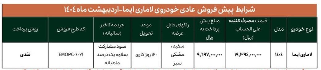 شرایط پیش فروش لاماری ایما اردیبشهت ۱۴۰۴/ با ۹۷۰,۰۰۰,۰۰۰ میلیون لاماری بخرید + لینک