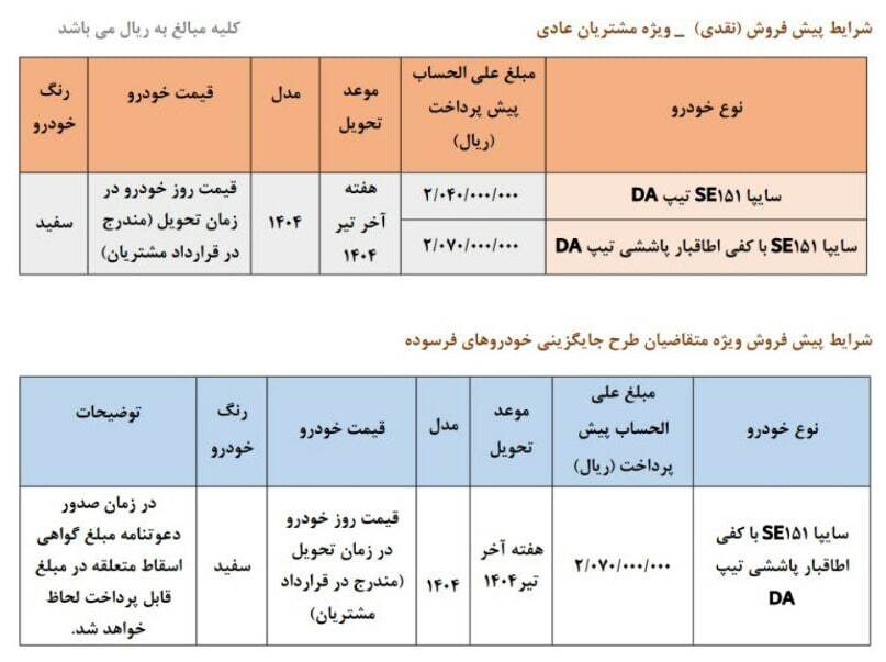 پیش فروش سایپا ویژه نیمه دوم اردیبشهت ۱۴۰۴ / با ۲۰۴ میلیون بدون قرعه کشی خودرو بخرید + لینک