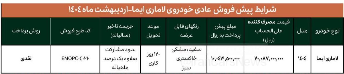 پیش فروش لاماری نیمه دوم اردیبهشت ۱۴۰۴ / بدون قرعه کشی به قیمت کارخانه شاسی بلند بخرید+ لینک
