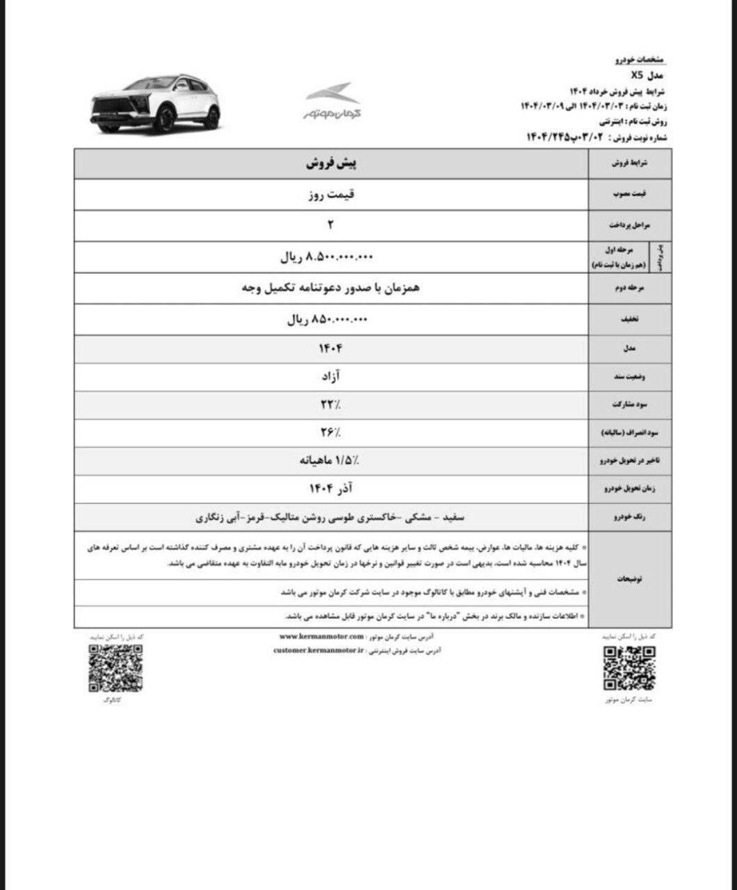 پیش فروش ۲ محصول کرمان موتور خرداد ۱۴۰۴ / با ۸۰۰,۰۰۰,۰۰۰ شاسی بلند بخرید + لینک ثبت نام