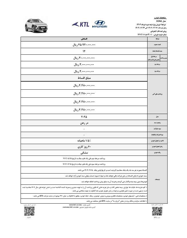 آغاز فروش اقساطی هیوندای کونا ۲۰۲۵ شرکت KTL