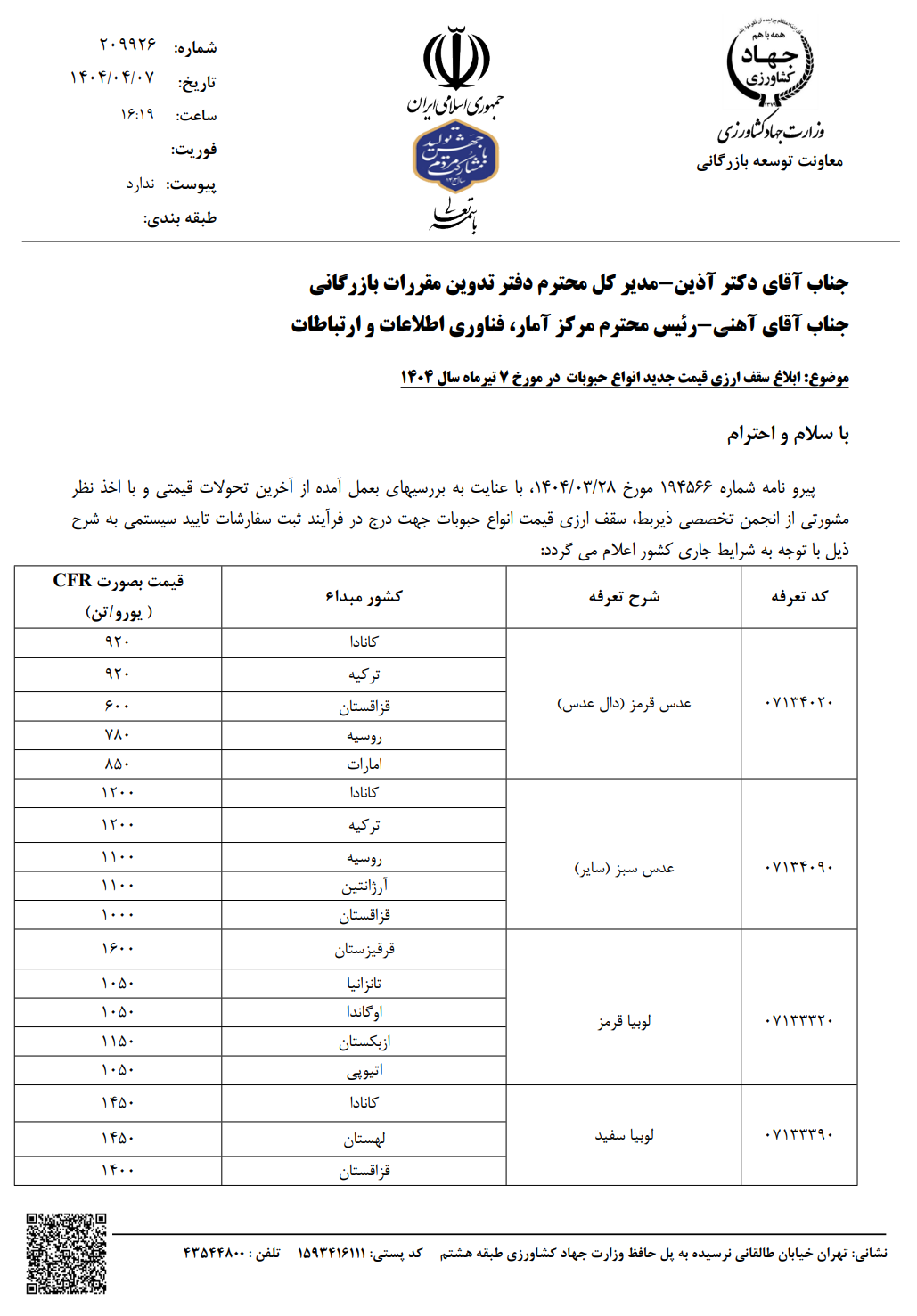 ثبت سفارش حبوبات از فردا آغاز می‌شود