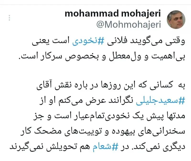 طعنه سنگین مهاجری به جلیلی: یک نخودی تمام عیار است!+ عکس