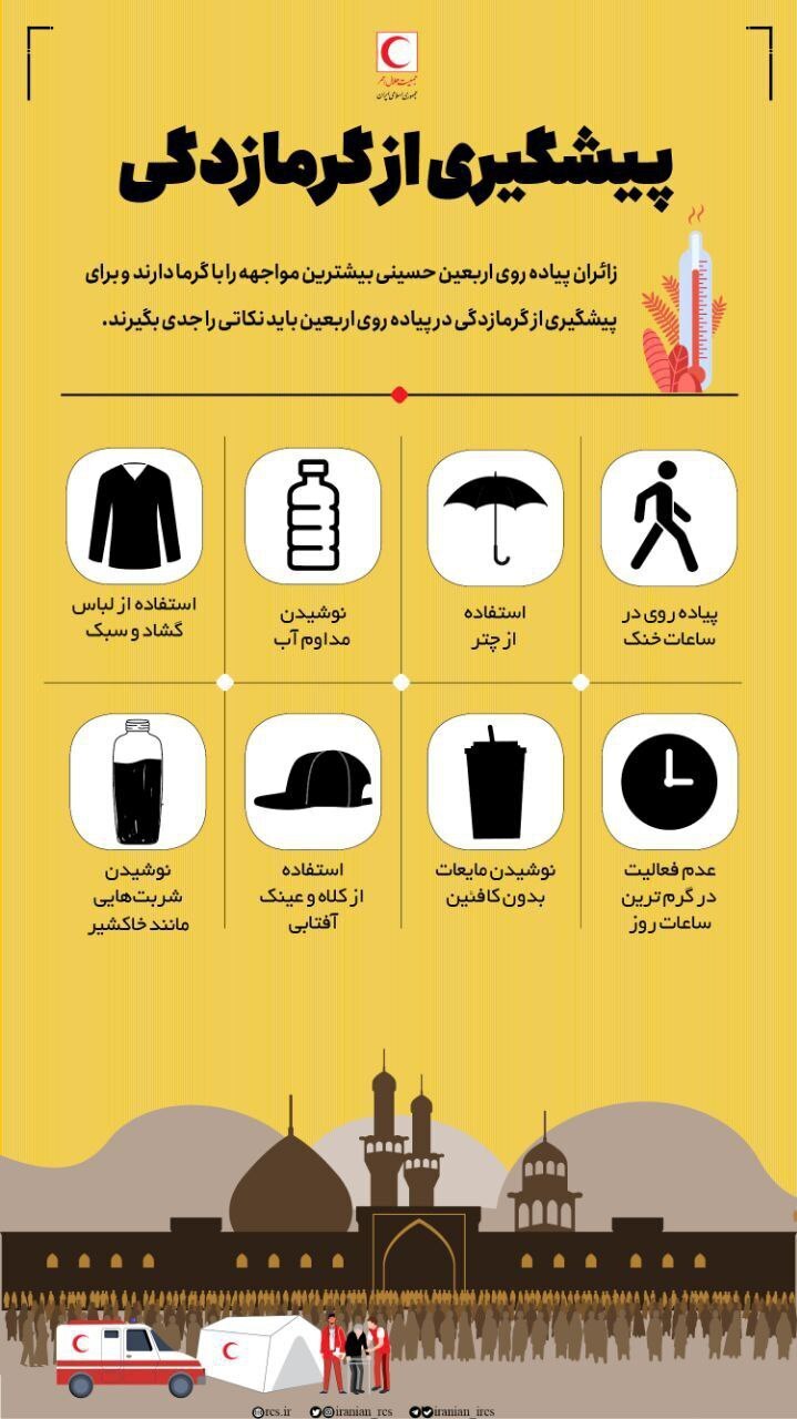 اینفوگرافیک/ پیشگیری و اقدامات اولیه در گرمازدگی زائران اربعین