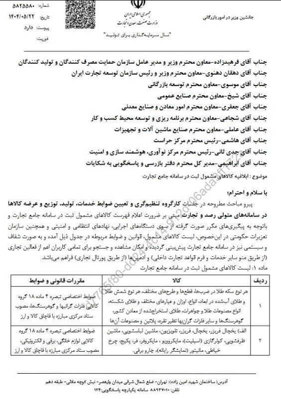 فهرست کالا‌های مشمول سامانه جامع تجارت منتشر شد