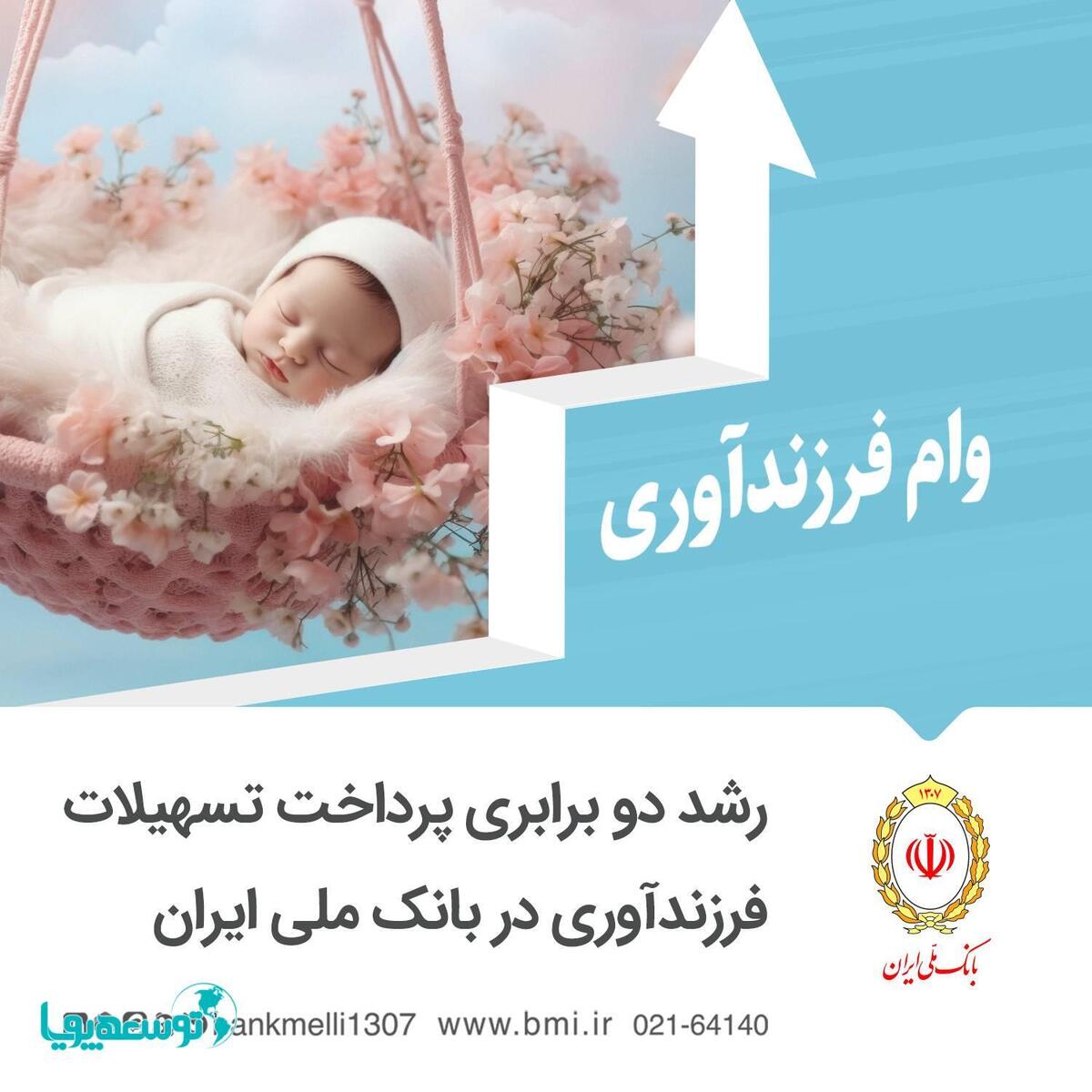 رشد دو برابری پرداخت تسهیلات فرزندآوری در بانک ملی ایران رشد دو برابری پرداخت تسهیلات فرزندآوری در بانک ملی ایران