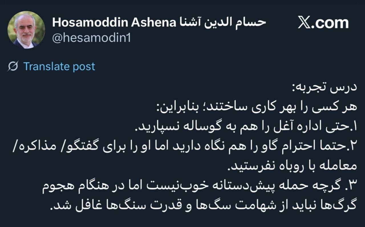 منظور  حسام‌الدین آشنا از این توئیت عجیب چیست؟+ عکس