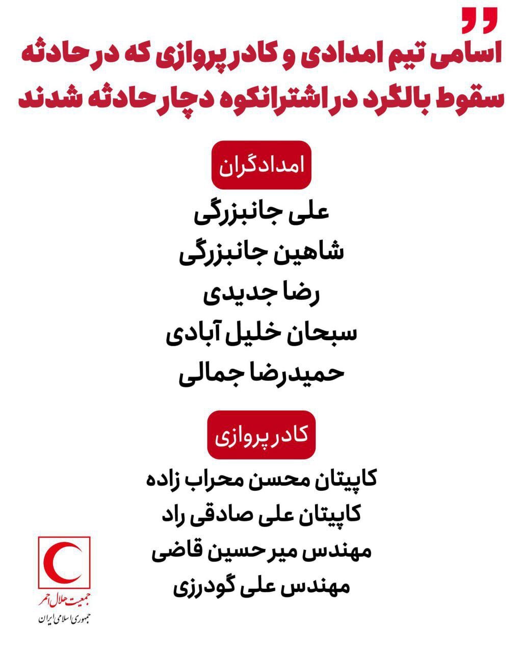 اسامی تیم امدادى و کادر پروازى در حادثه سقوط بالگرد اشترانکوه