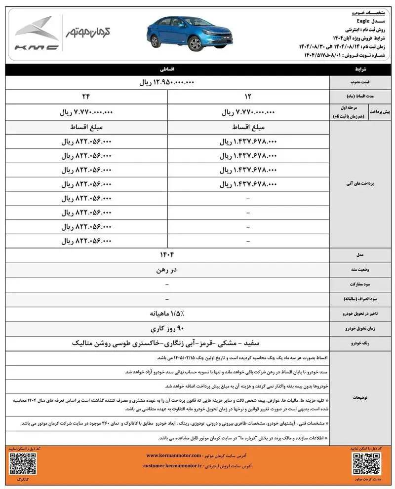 فروش اقساطی کرمان موتور ویژه آبان ۱۴۰۴ / با اقساط ۲۴ ماهه خودرو بخرید + تحویل ۹۰ روزه فروش اقساطی کرمان موتور ویژه آبان ۱۴۰۴ / با اقساط ۲۴ ماهه خودرو بخرید + تحویل ۹۰ روزه