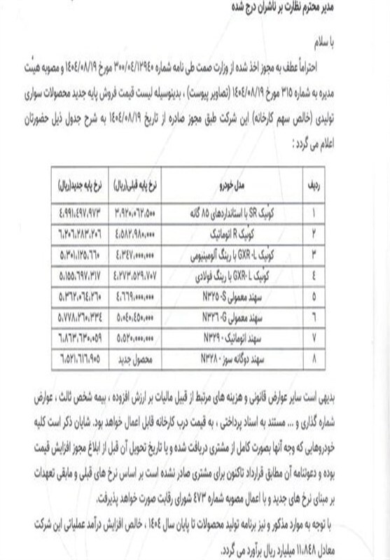 قیمت جدید کارخانه خودروهای سایپا آبان ۱۴۰۴ اعلام شد / کوئیک و سهند ۱۰۰ میلیون گران شدند!