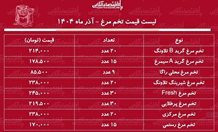 لیست قیمت جدید تخم مرغ ۲۶ آذر ۱۴۰۴ / قیمت یک شانه تخم مرغ چند شد؟ + جدول