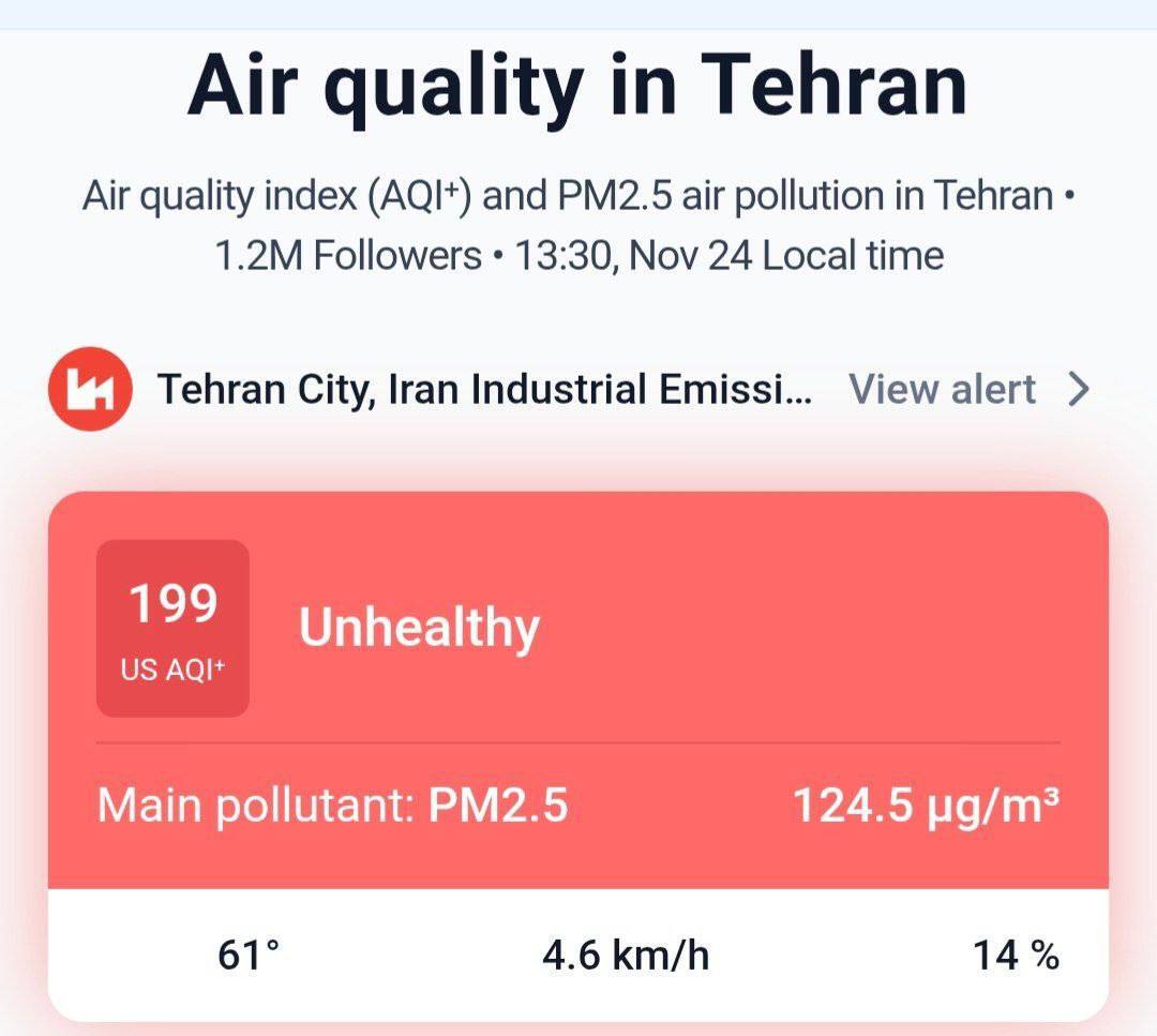 تهران خفه شد / شاخص آلودگی با جهش هولناک به ۱۹۹ رسید!