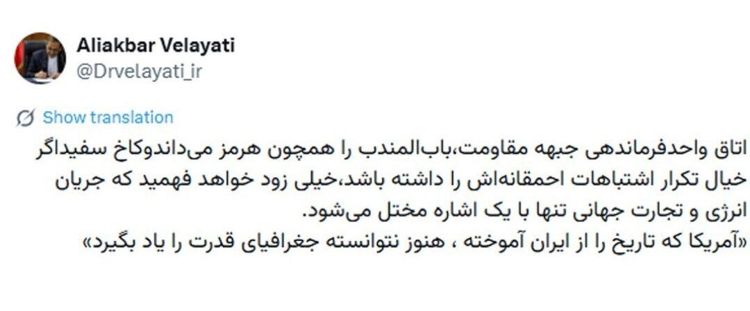 پیام ولایتی به کاخ سفید/ بابالمندب برای جبهه مقاومت مانند تنگه هرمز است پیام ولایتی به کاخ سفید/ بابالمندب برای جبهه مقاومت مانند تنگه هرمز است