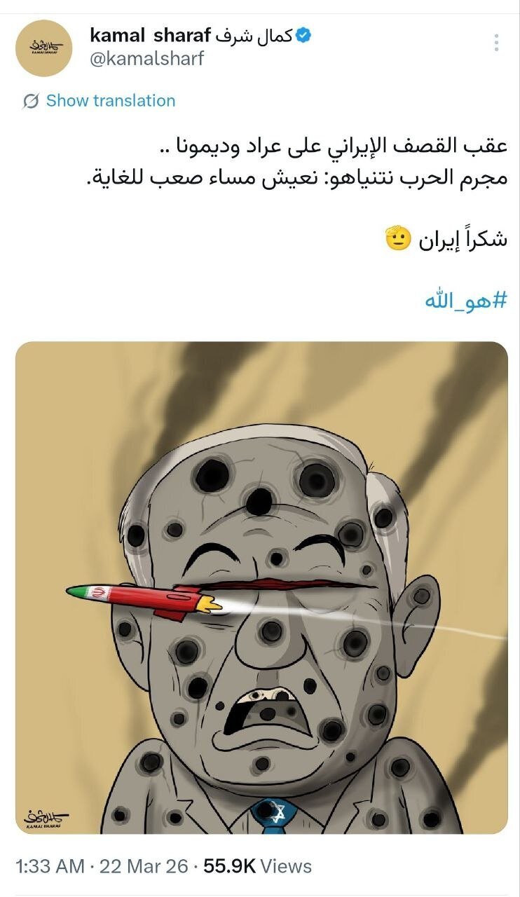 کاریکاتور هنرمند شناخته‌شده پس از حمله موشکی ایران منتشر شد