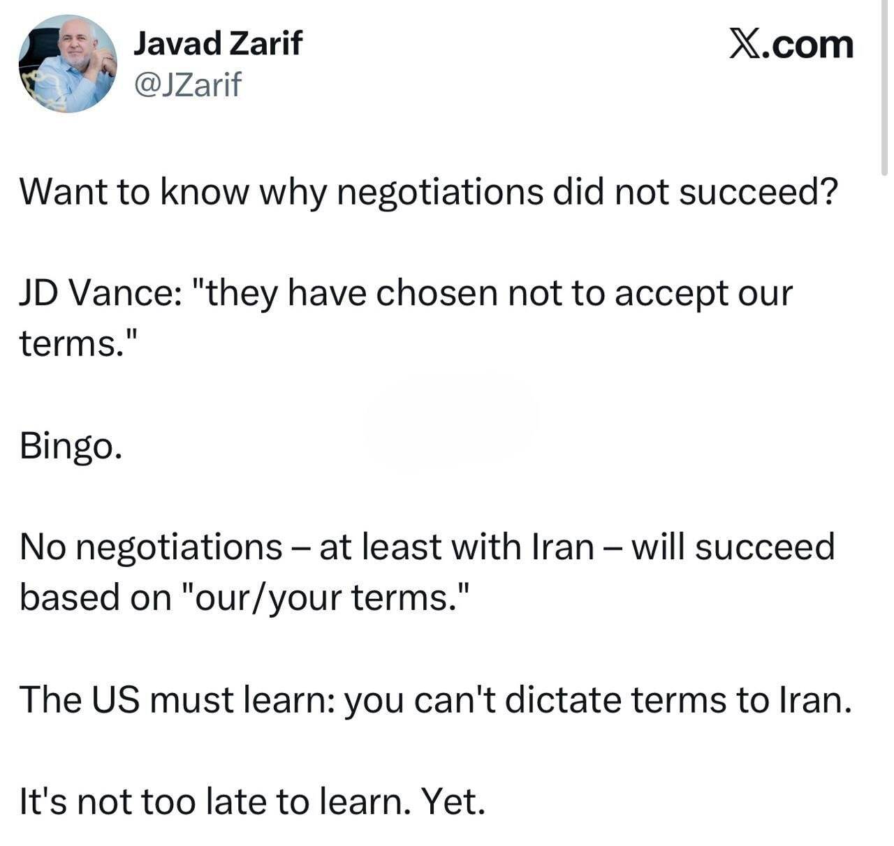 واکنش ظریف به عدم توافق آمریکا و ایران / هنوز دیر نشده است!