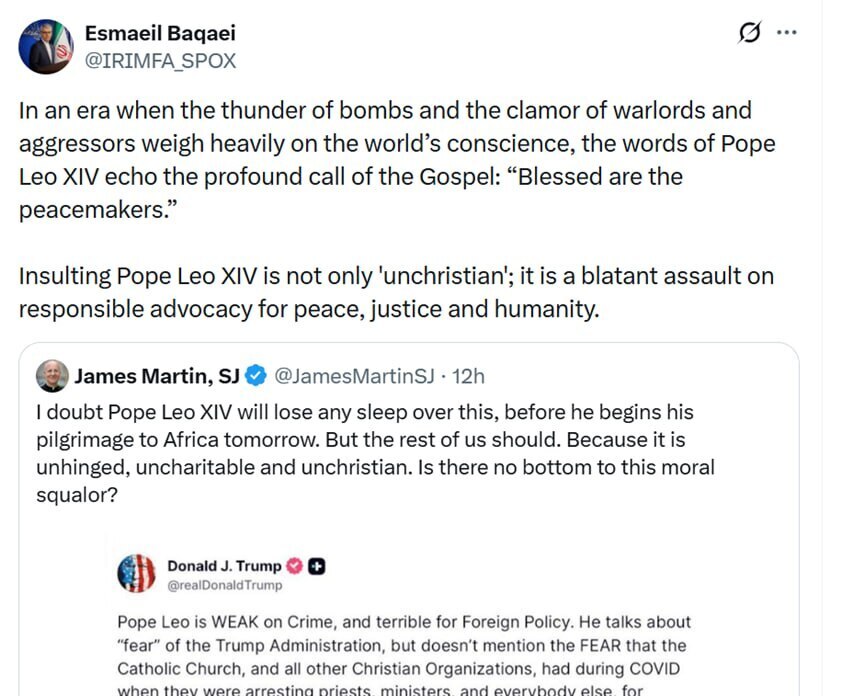 واکنش سخنگوی وزارت امور خارجه به به توهین ترامپ به پاپ واکنش سخنگوی وزارت امور خارجه به به توهین ترامپ به پاپ