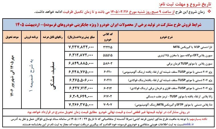 آغاز ثبت‌نام بدون قرعه‌کشی فروش ویژه ایران خودرو از امروز 26 اردیبهشت 1405 / متقاضیان بخوانند + لینک و نحوه ثبت‌نام