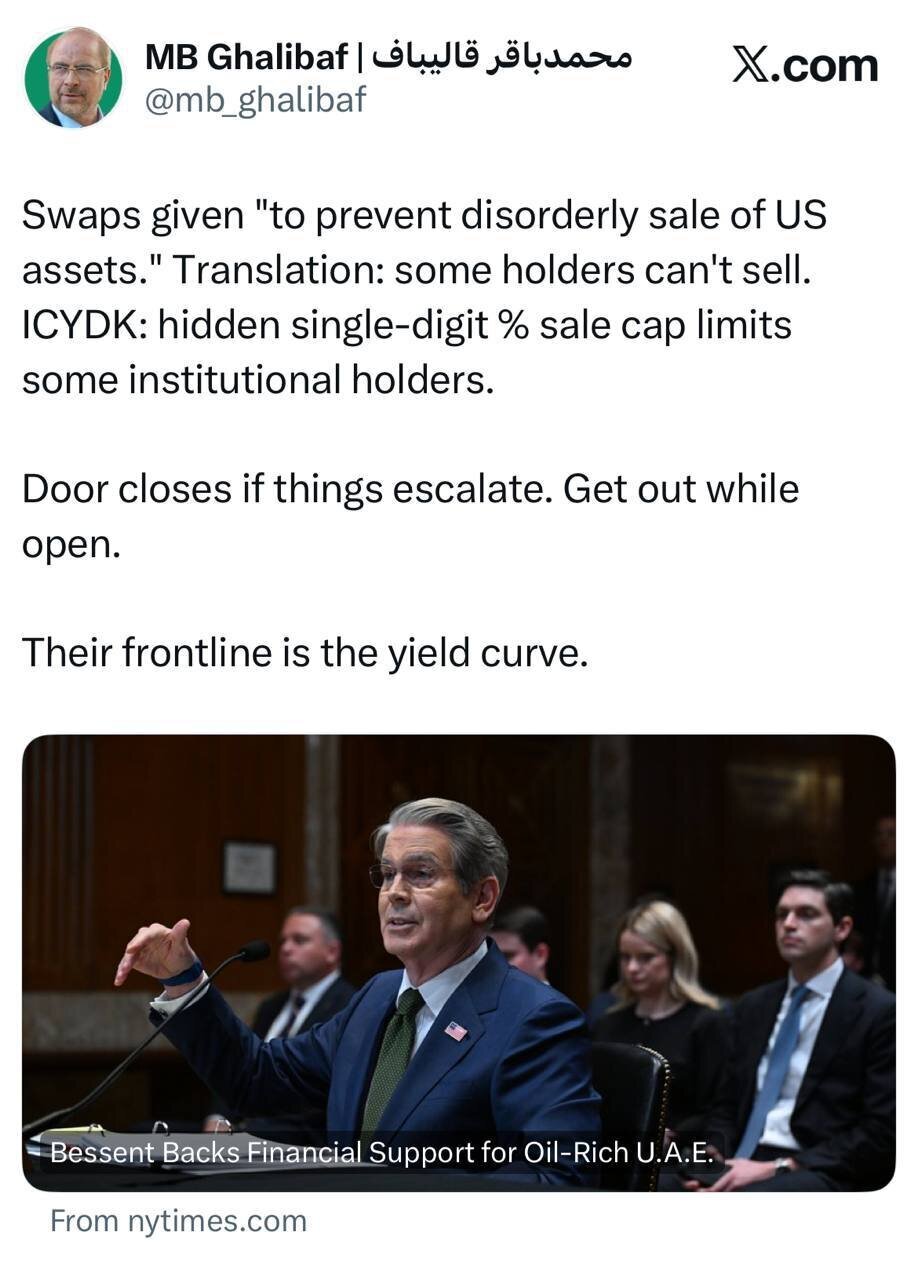 توئیت قالیباف در مورد محدودیت فروش اوراق قرضه توسط امارات و کشورهای عربی