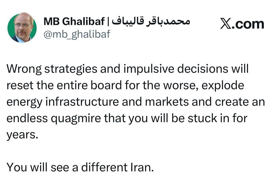 هشدار قالیباف به ترامپ: با تصمیمات بدون فکر مردابی بیپایان پدید خواهید آورد هشدار قالیباف به ترامپ: با تصمیمات بدون فکر مردابی بیپایان پدید خواهید آورد
