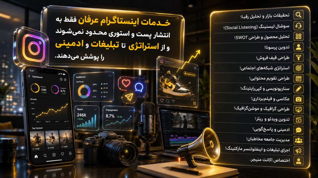 خدمات اینستاگرام عرفان فقط به انتشار پست و استوری محدود نمیشوند و از استراتژی تا تبلیغات و ادمینی را پوشش میدهند. خدمات اینستاگرام عرفان فقط به انتشار پست و استوری محدود نمیشوند و از استراتژی تا تبلیغات و ادمینی را پوشش میدهند.