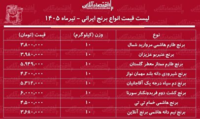 لیست قیمت انواع برنج ایرانی ۲۸ تیر ۱۴۰۵ | کیسه ۱۰ کیلویی برنج طارم، عنبربو، نیم دانه، دم سیاه، شیرودی و...را چند بخریم؟ + جدول