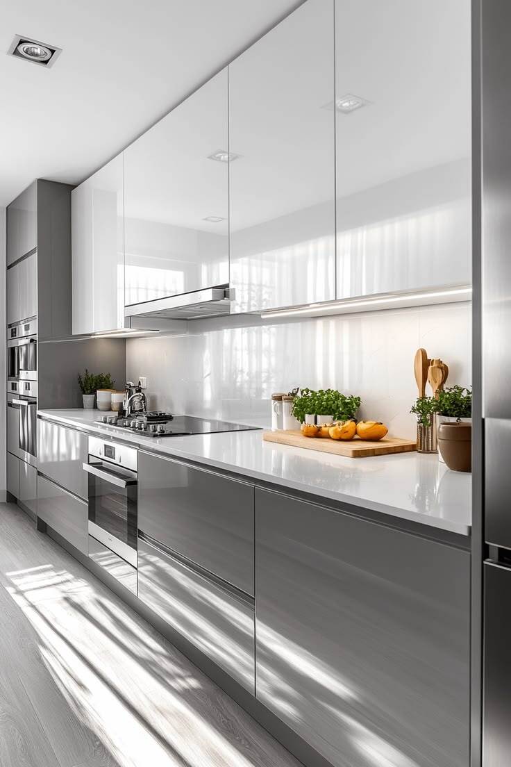 کابینت مدرن هایگلاس بدون دستگیره سفید طوسی کابینت مدرن هایگلاس بدون دستگیره سفید طوسی