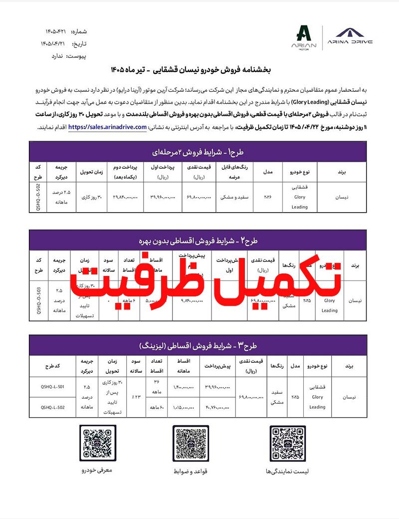 تکمیل ظرفیت فروش اقساطی بدون بهره نیسان قشقایی