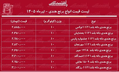 لیست قیمت انواع برنج هندی ۳۰ تیر ۱۴۰۵ | کیسه ۱۰ کیلویی برنج هندی درجه یک چند شد؟ + جدول