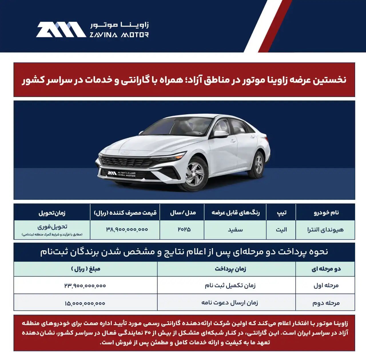 زاوینا موتور شرایط فروش هیوندای النترا ۲۰۲۵ را ویژه مناطق آزاد اعلام کرد