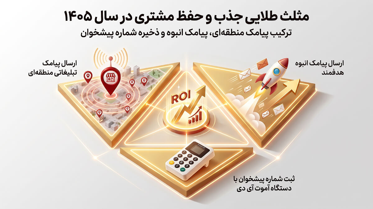 اینفوگرافیک مثلث طلایی بهترین روش جذب و حفظ مشتری در سال ۱۴۰۵ شامل پیامک منطقهای، پیامک انبوه و دستگاه ثبت شماره مشتری با تمرکز بر افزایش ROI اینفوگرافیک مثلث طلایی بهترین روش جذب و حفظ مشتری در سال ۱۴۰۵ شامل پیامک منطقهای، پیامک انبوه و دستگاه ثبت شماره مشتری با تمرکز بر افزایش ROI