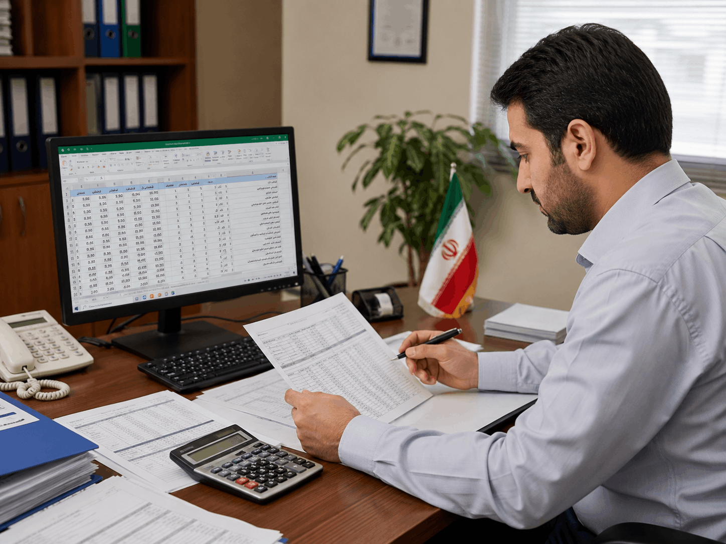 کارشناس در حال کنترل فایل اکسل حقوق و تطبیق اطلاعات. کارشناس در حال کنترل فایل اکسل حقوق و تطبیق اطلاعات.