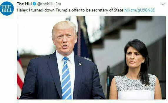 نیکی هیلی پست وزارت خارجه آمریکا را نپذیرفت