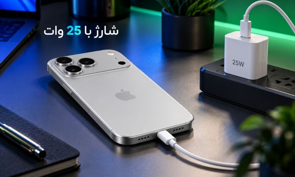 نمای آیفون ۱۸ پرو مکس نقرهای متصل به شارژر ۲۵ وات روی میز کار با کابل USB-C. نمای آیفون ۱۸ پرو مکس نقرهای متصل به شارژر ۲۵ وات روی میز کار با کابل USB-C.
